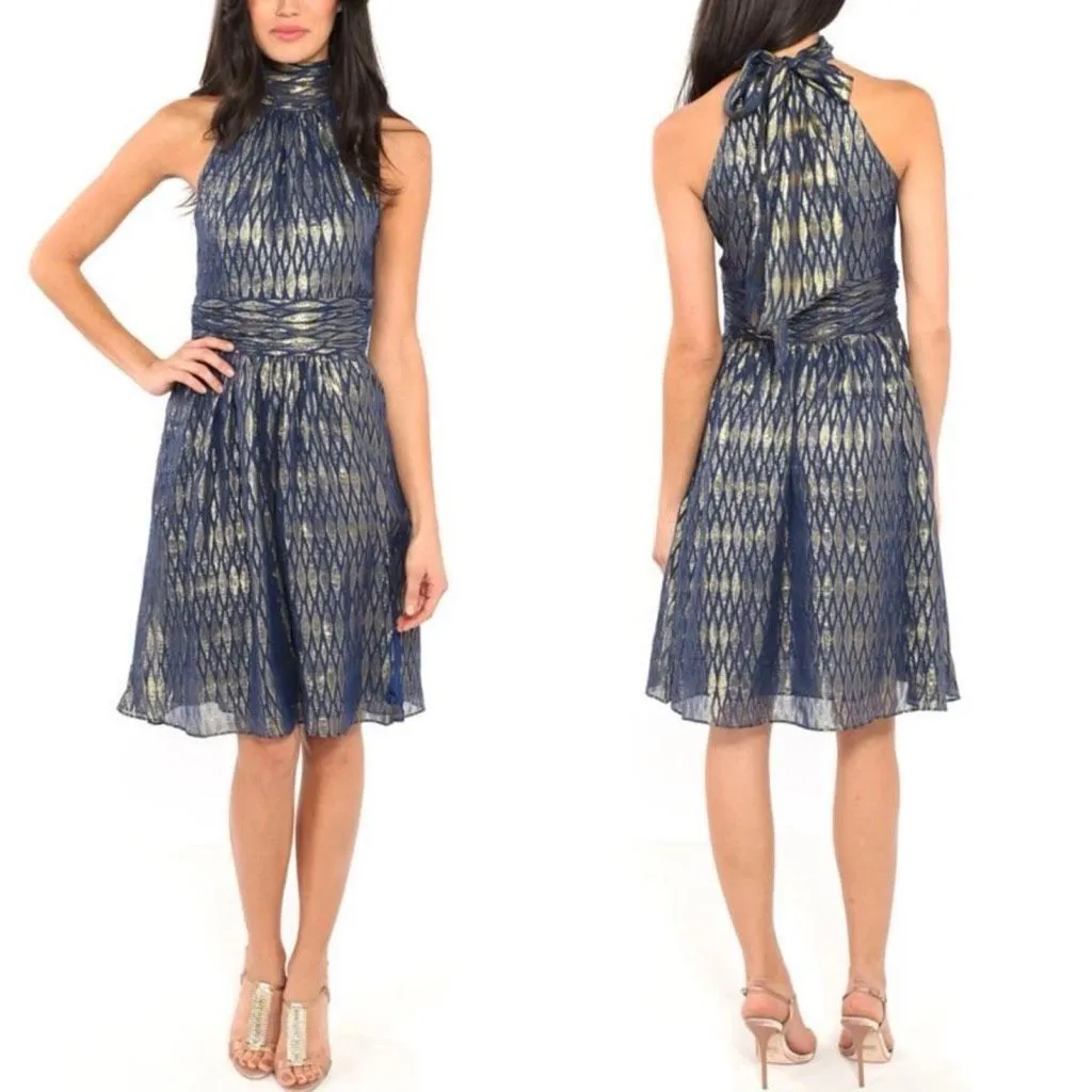 NWOT Halston Heritage Scarf Neck Short Dress Saphire Blue Gold Diamond Scarf Nec - Image 2