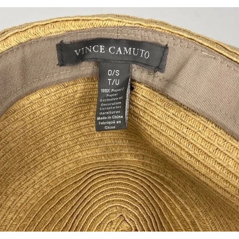 Vince Camuto Women's Tan Wide Brim Sun Hat OS Black Band Gold V Packable‎ Resort - Image 6