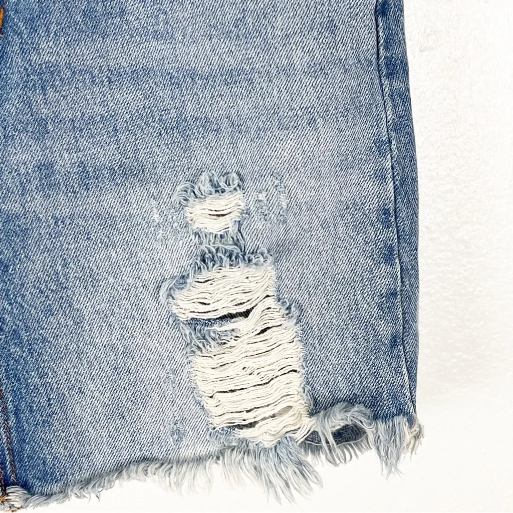 FREE PEOPLE WE THE FREE Ripped Distressed Blue Denim Jean Mini Boho Skirt 26 - Image 10