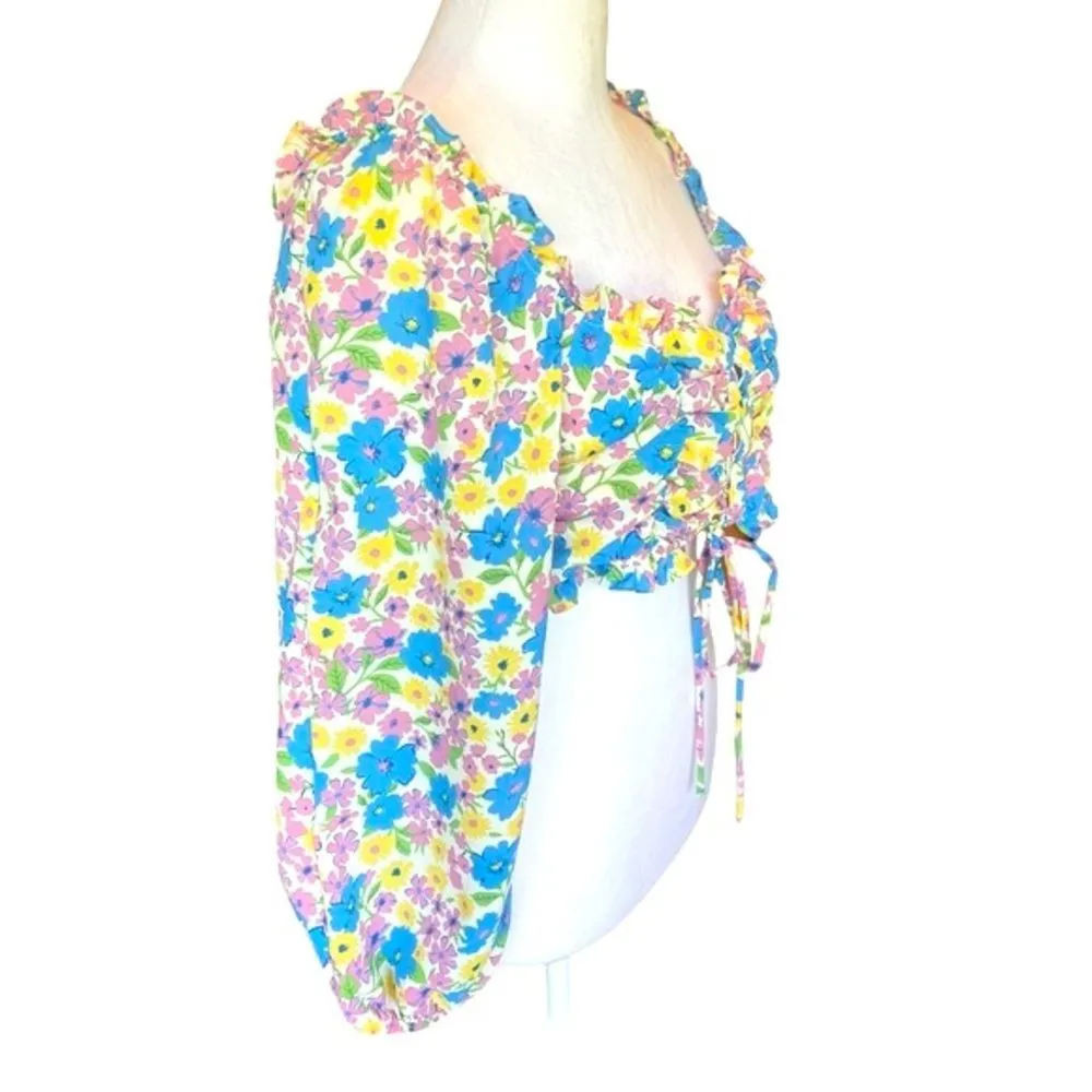 Fiestar Smocked Crop Top Front Lace Up Puff Sleeves Floral Womens Size Large NWT - Image 7