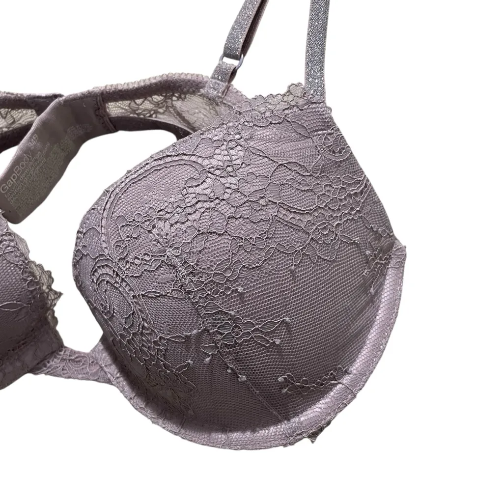 GapBody Favorite Demi Plunge Bra Lace Sparkle Strap Grey Purple Women’s Size 34B - Image 5