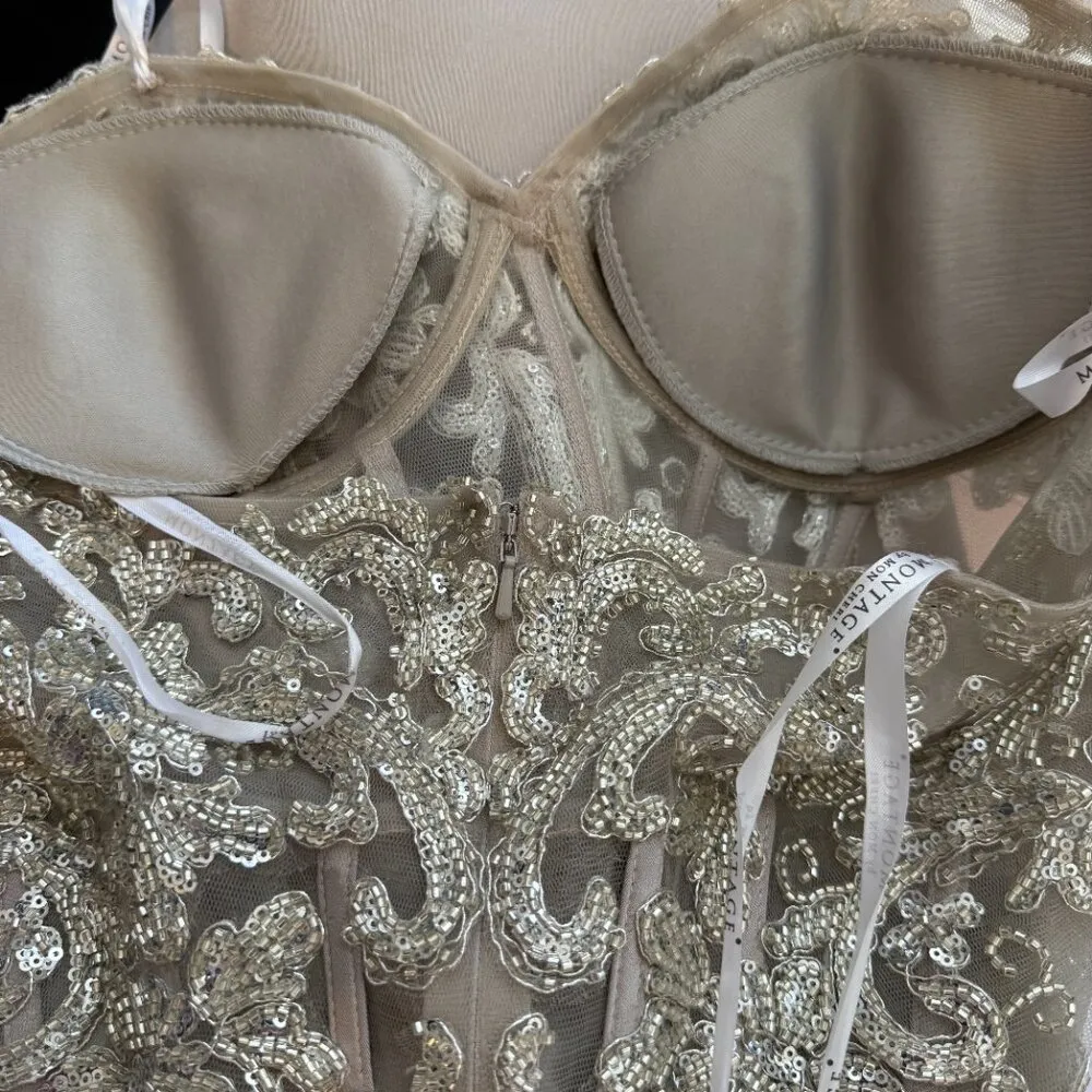 NWOT Montage by Mon Cheri Strapless Beaded Satin Gown Womens 12 Champage Sheer Silver - Image 13