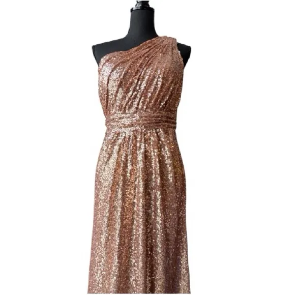 REVELRY Starla Rose Gold Sequin One Shoulder Maxi Gown Dress 10 Pink - Image 6