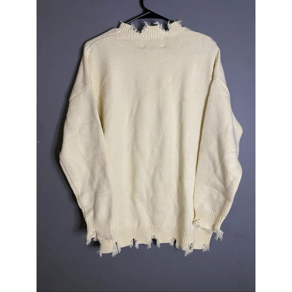 Aelfric Eden White Heart Embroidered Distressed Crew Neck Sweater M NWT - Image 4