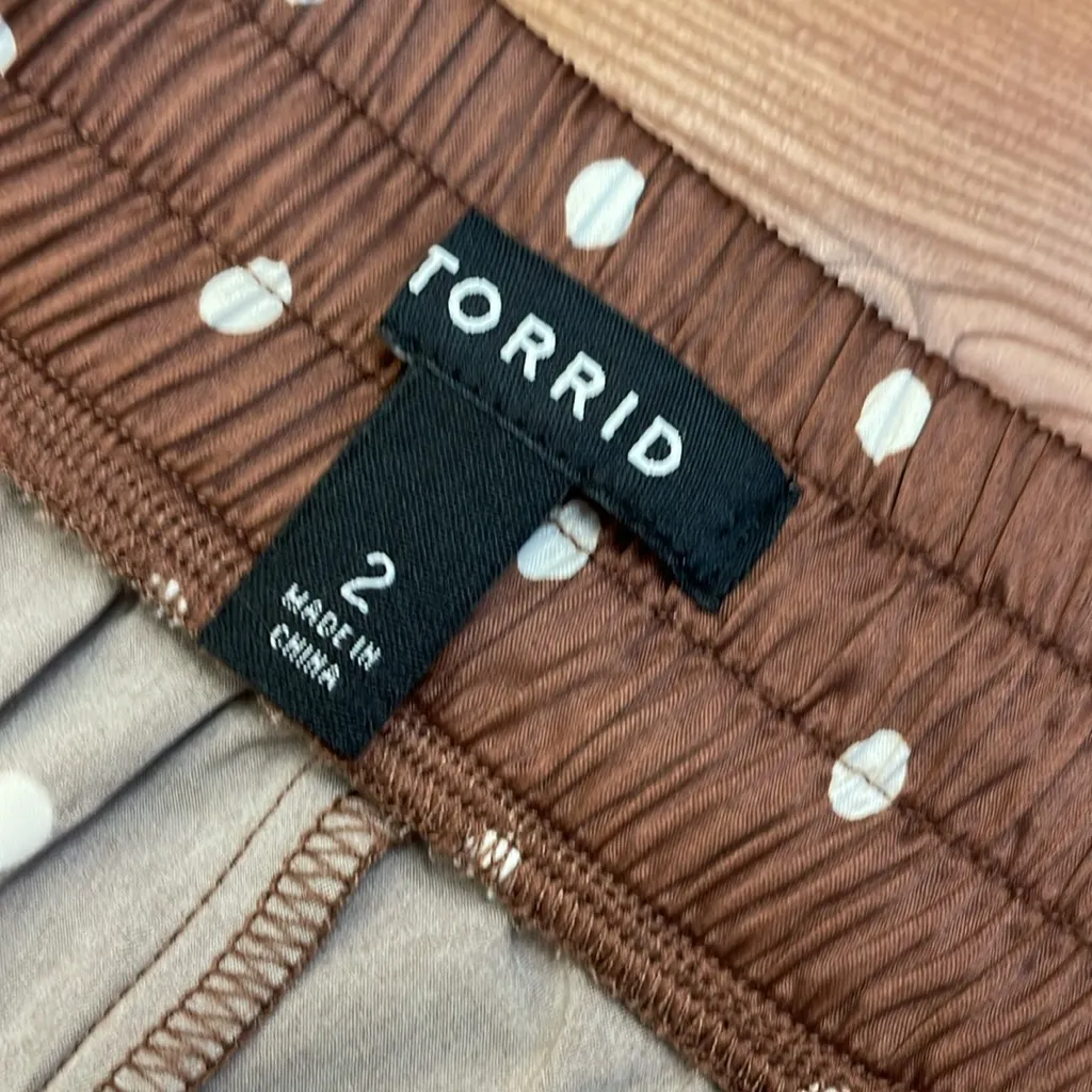 Torrid Midi Stretch Satin Hi-Low Ruffle Skirt Brown White Polka Dot Pockets New - Image 8