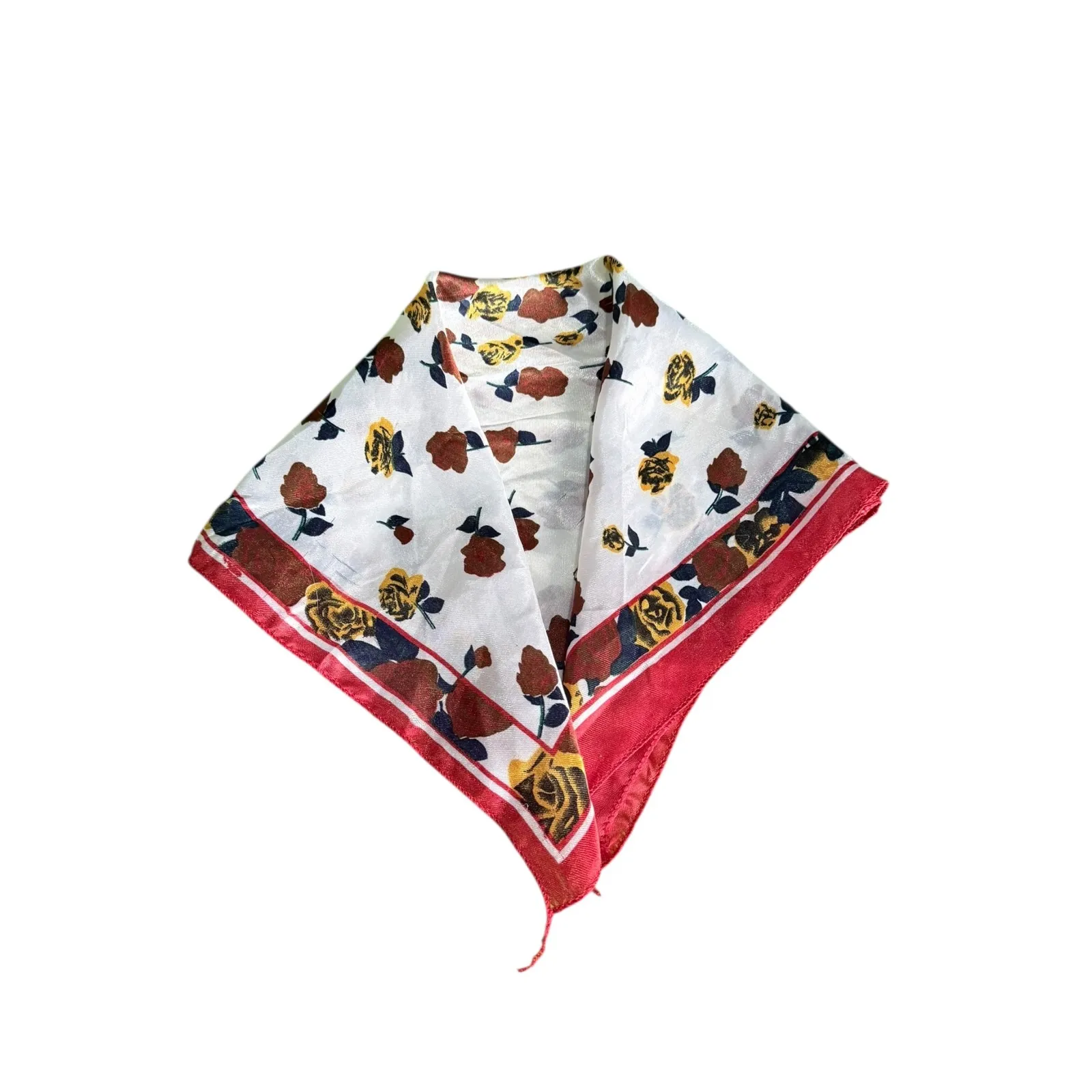 Vintage Rose Print Silk Scarf Red Border Square Neck Scarf Accessory White - Image 1