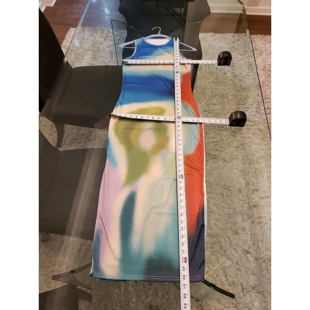 Womens Multi Tie Dye Cotton Side Slit Crew Neck Sleeveless Long Maxi Dress Small - Image 10