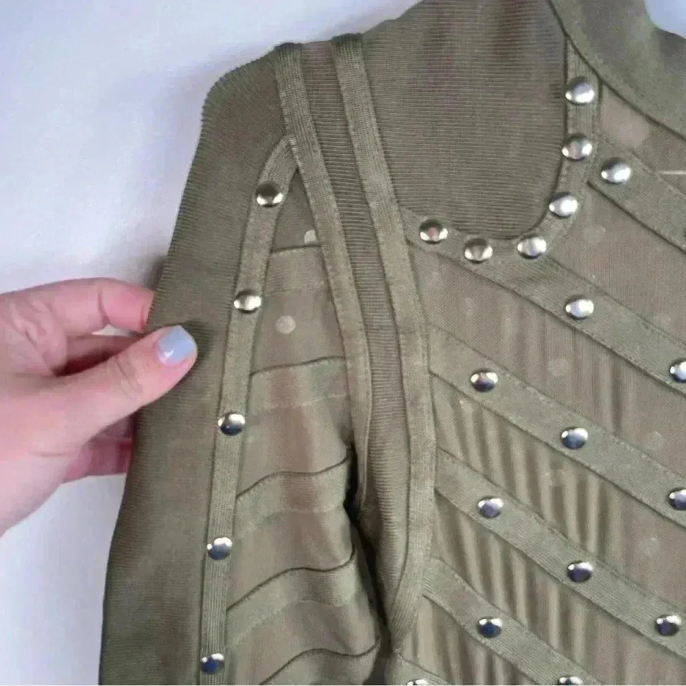 House of CB London Olive Green Mesh Bandage Mini Dress With Gold Studs - Image 6