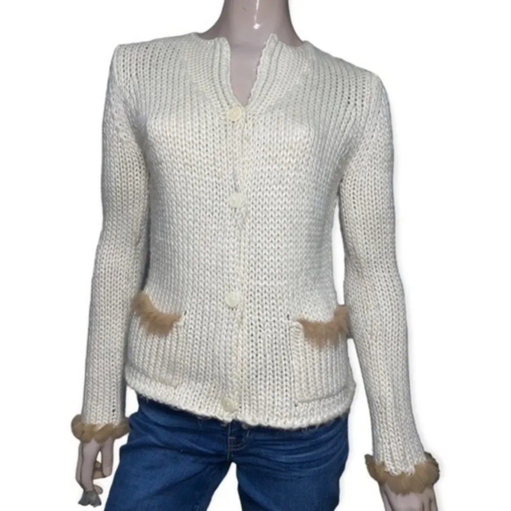 Pandemonium Women’s Size S Ivory Rabbit Fur Trim Button Up Pocket Front Cardigan - Image 3