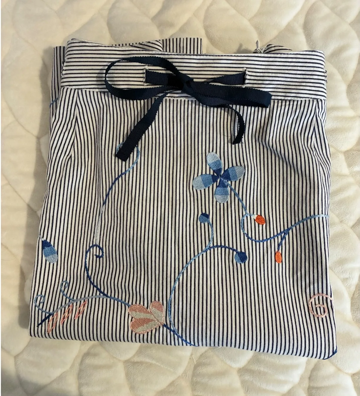 Talbots Striped Embroidered Floral Stretch Skirt Navy Blue White Casual - SZ‎ 12 - Image 2