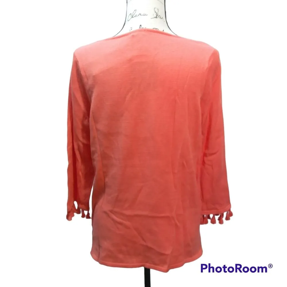 Hannah Coral Knit Sweater With Tassel Trim Sleeve Coastal Size S Orange - Image 2