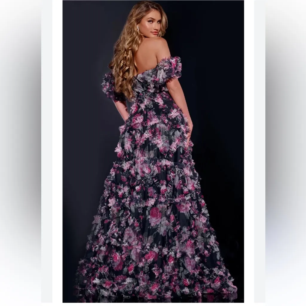 JOVANI 40331 | Off the Shoulder Floral Navy Gown | Ruffles | Women’s 6 - Image 5