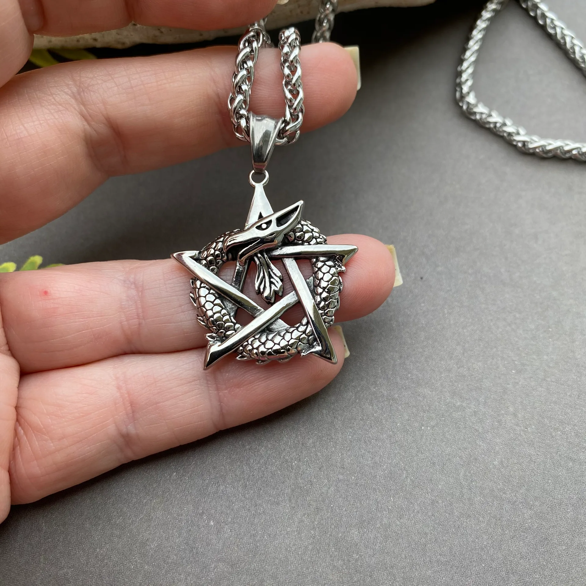Unisex stainless steel dragon Pentagram wheat chain necklace Silver - Image 3