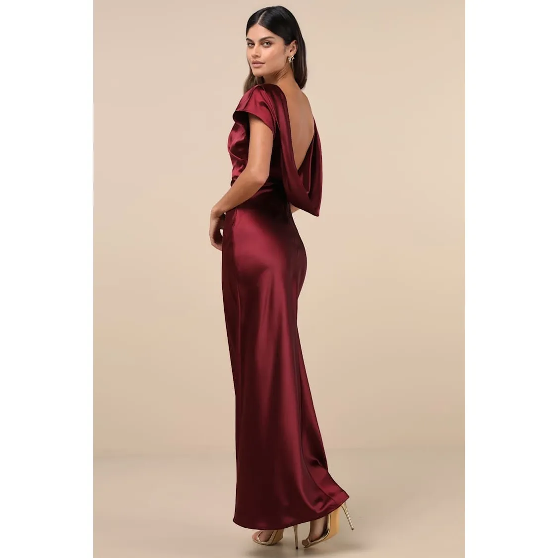 NWT Lulus Captivating Presence Wine Red Satin Cowl Back Maxi Dress Bridesmaid M - Image 2