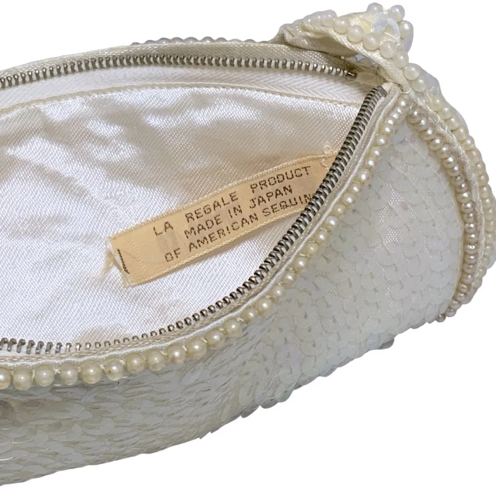 La Regale Vintage Evening Clutch Bag 1960 Pearl Beaded Sparkle Sequin Off White - Image 3