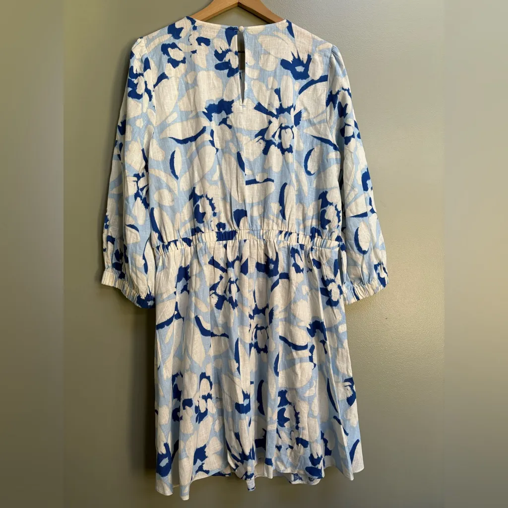 Loft Linen Blend Dress Blue Floral A-Line Soft Coastal Breezy Career Large Tall - Image 7