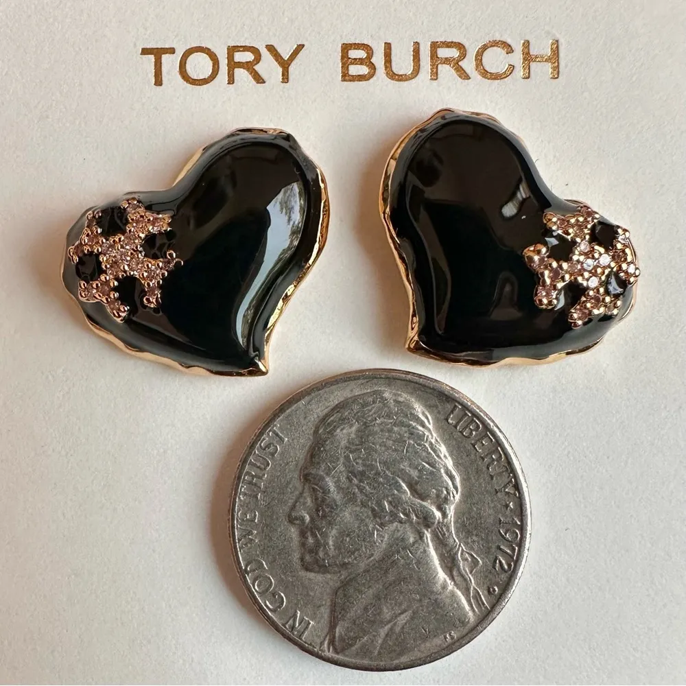 New Tory Burch Heart design Stud Earrings; Black Enamel & Gold w/TB Earring Card - Image 4