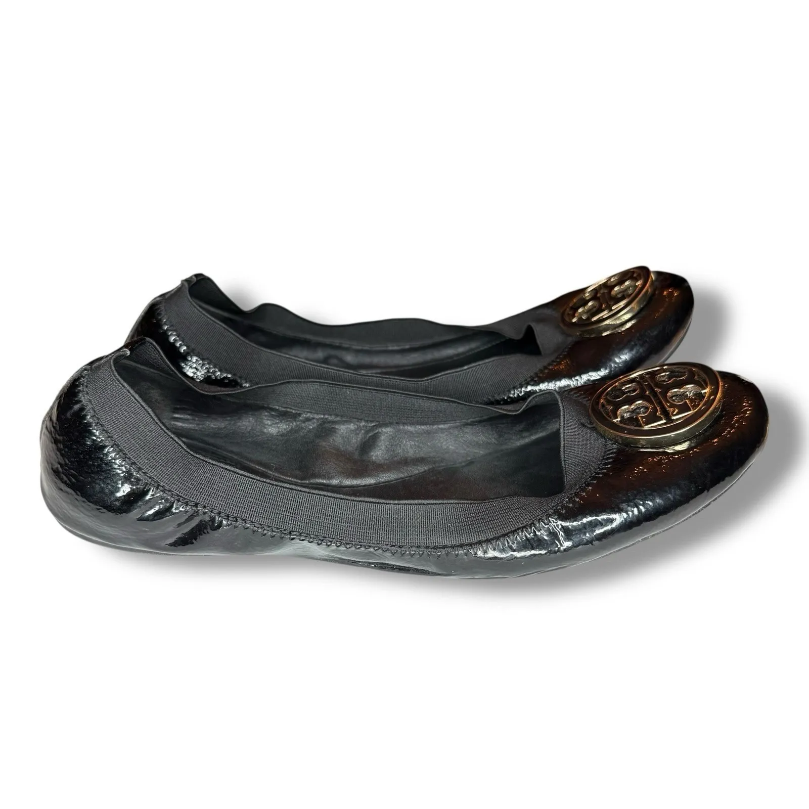 Tory Burch Caroline Black Patent Leather Ballet Flats Size 7 M Shoes Gold Logo - Image 6