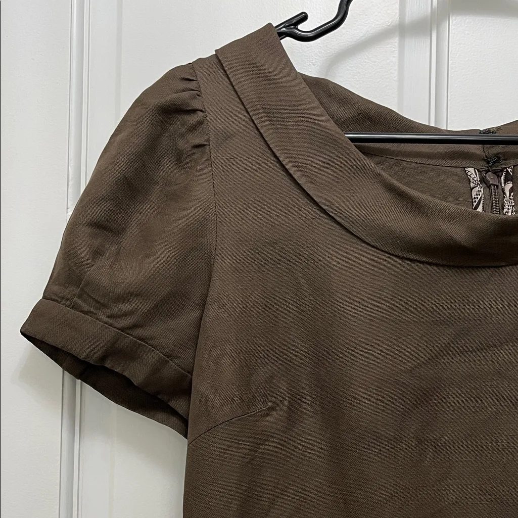 Chocolate Brown Linen Silk Blend Puff Sleeve Mini Dress - Image 2