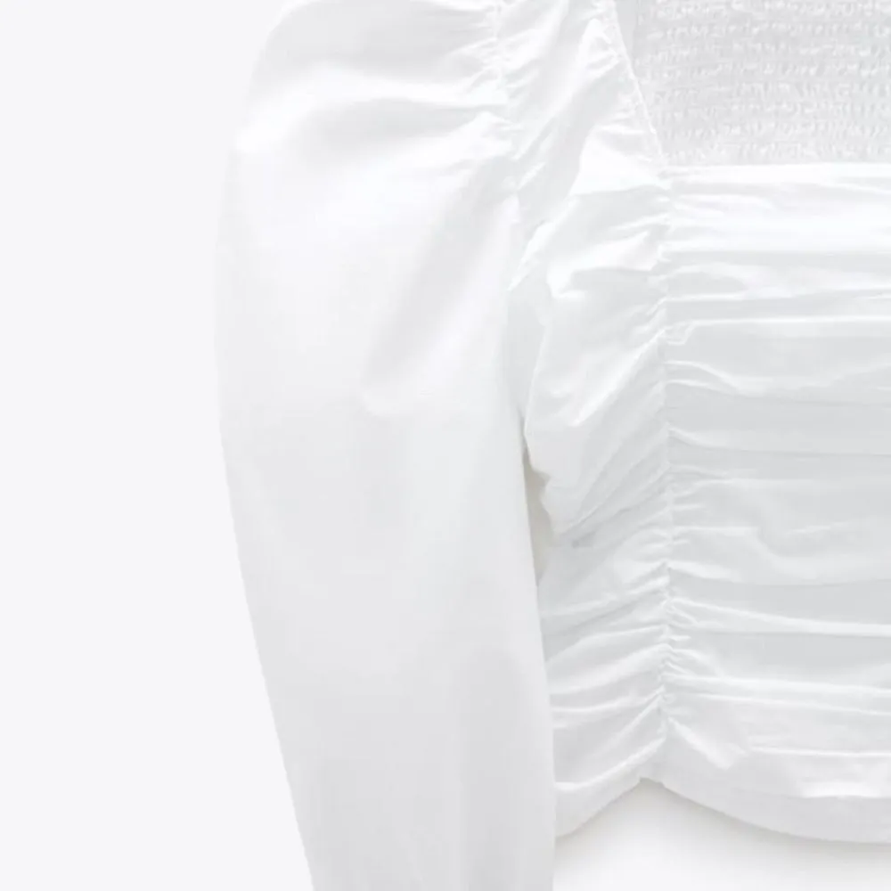 Zara White Poplin Ruched Smocked Balloon Sleeve Crop Top - Image 4