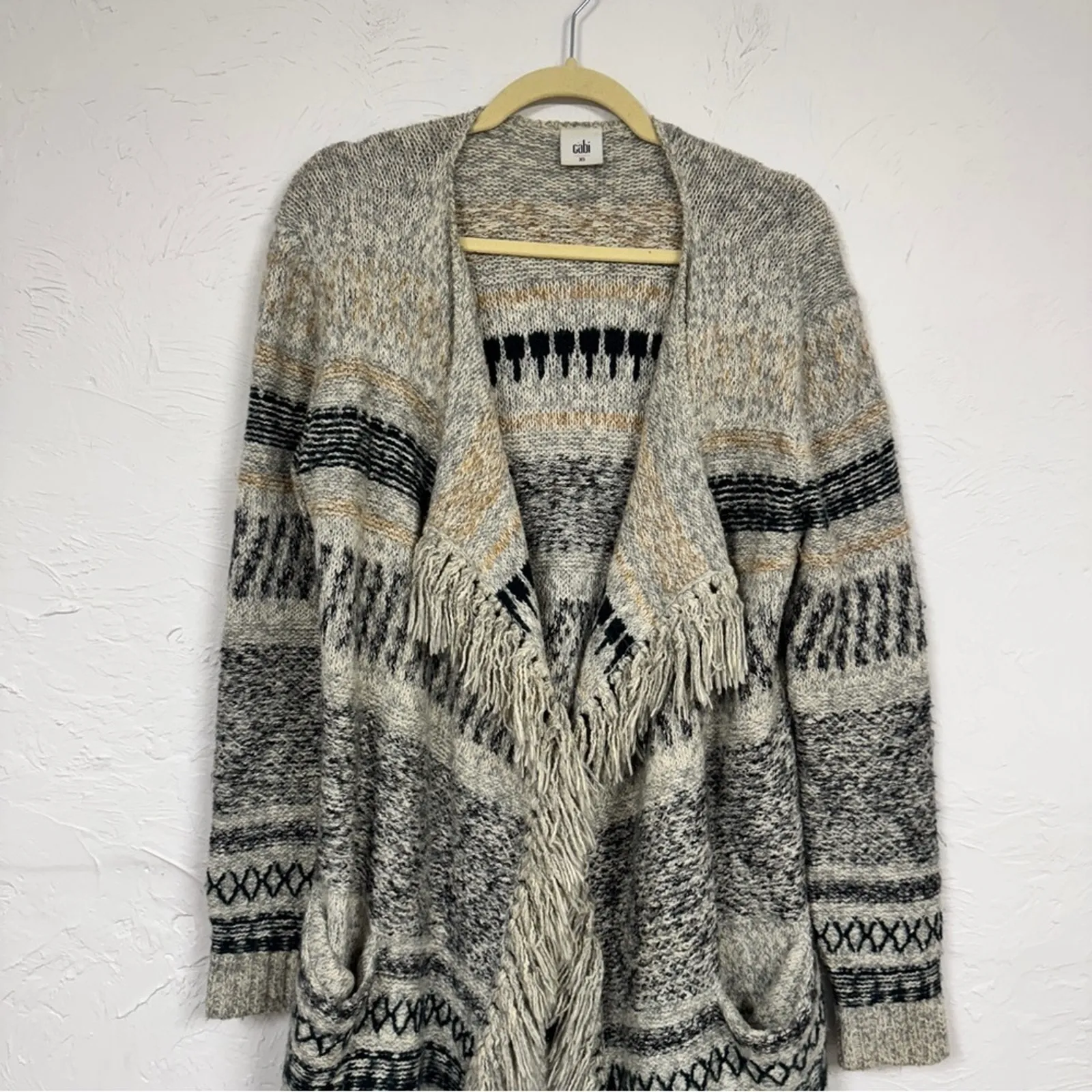 Cabi Blue Grey Shetland Fringe Cardigan Sweater Womens XS Boho Cozy Duster - Image 2