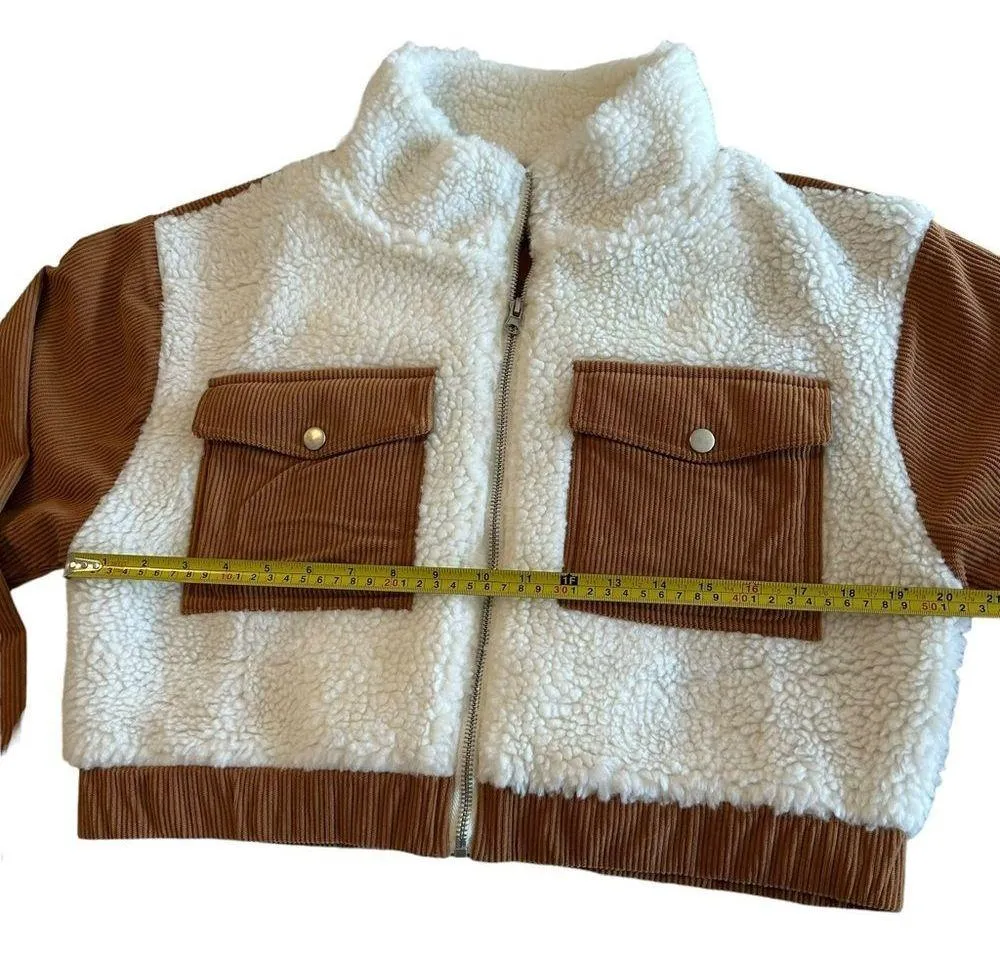 HYFVE  Women’s M Cropped Mixed Media Jacket Sherpa Corduroy Brown Cream Fall - Image 2