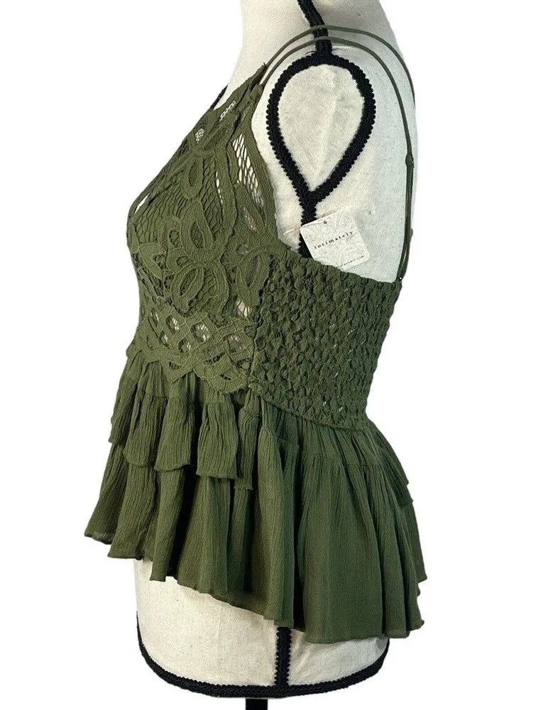 Free People Intimately Medium Adella Cami Top Olive Sparrow Ruffled Crochet Lace - Image 8