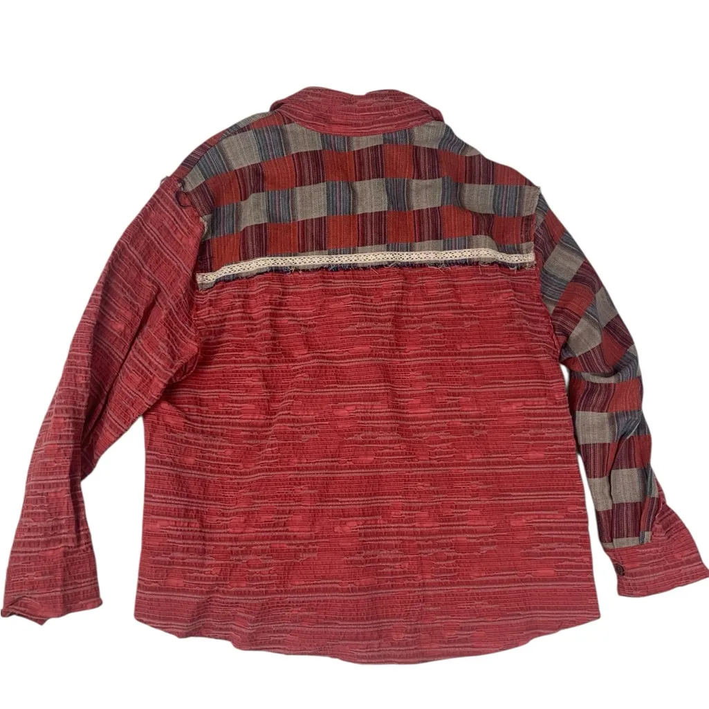 POL  size small  oversized patchwork button up shirt boho Red Gray Shirt - Image 2