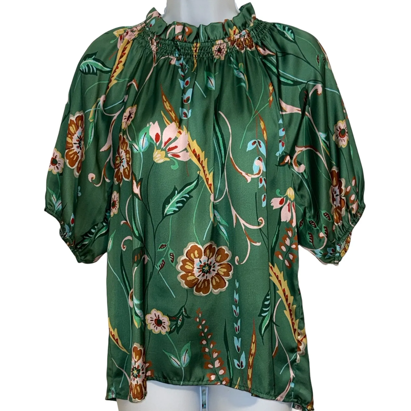 ANTHROPOLOGIE THML Green Floral Smocked Neck Puff Sleeve Blouse EUC Size Small - Image 2
