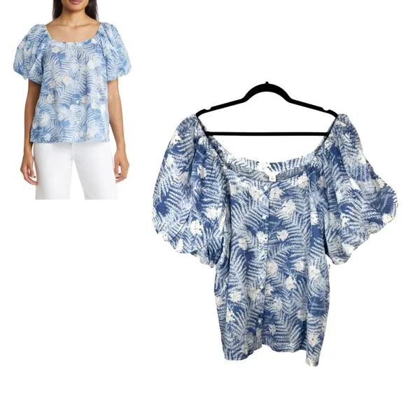 Caslon Print Puff Sleeve Organic Cotton Blue Moonlight Floral Ferns 2X NEW - Image 2