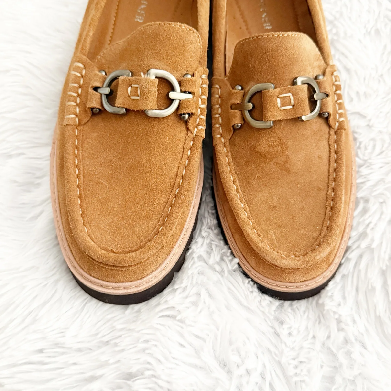 DONALD PLINER | Helio Saddle Brown Suede Leather Lug Sole Loafers Metal Bar | 11 - Image 3