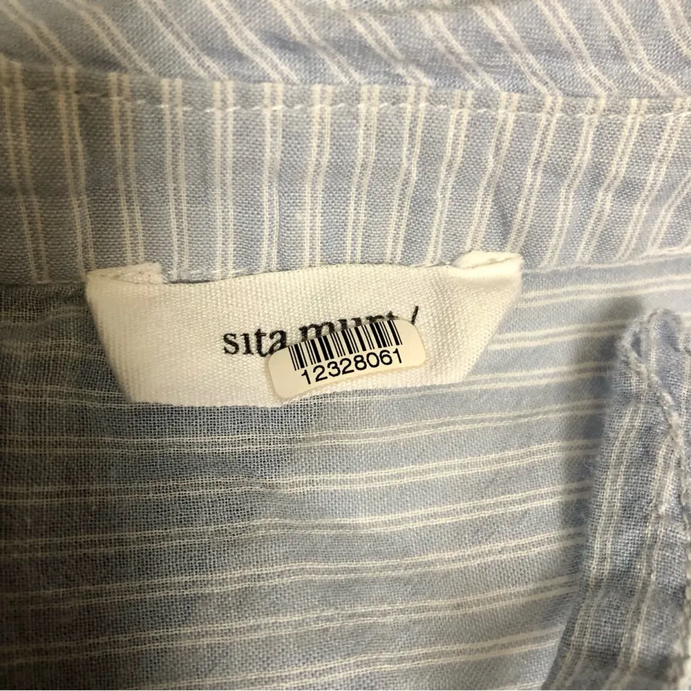 Sita Murt Blue Camp Top Tie Collar Top Soft Cotton Short Sleeve Retro Striped M - Image 13