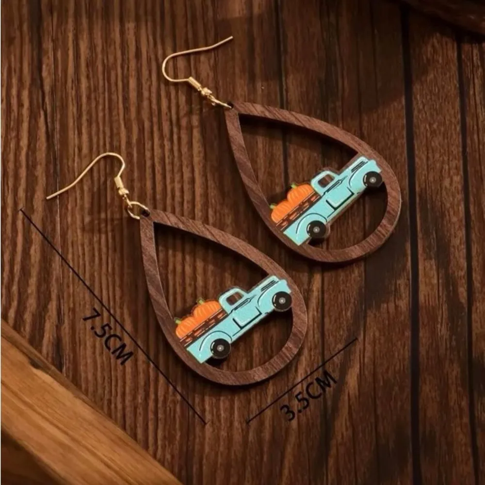 Wooden Fall Truck Pumpkin Earrings Brown - Image 2