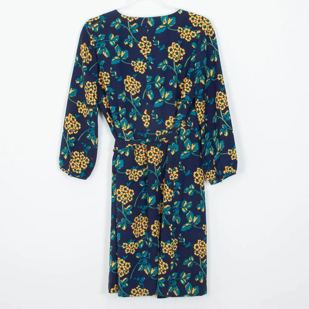 J. Crew‎ Golden Floral Knee Length Wrap Dress Navy Blue Yellow Womens Size 4 - Image 9
