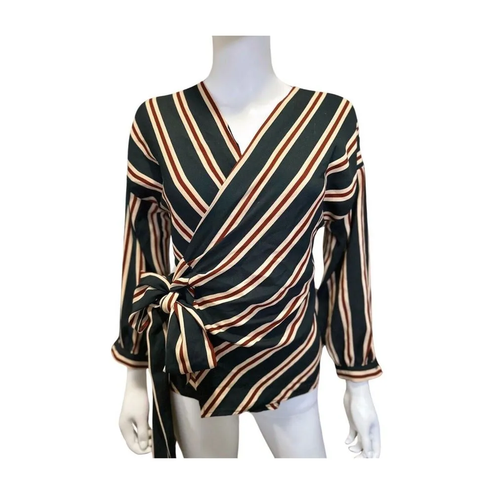 Zara Basic Collection Womens Blouse Wrap Size XS Red Blue Cream Tie Front - Image 6