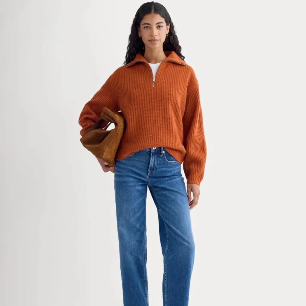 Everlane The Half-Zip Sweater in Luxe Merino in Rust Heather, Size Medium - Image 2