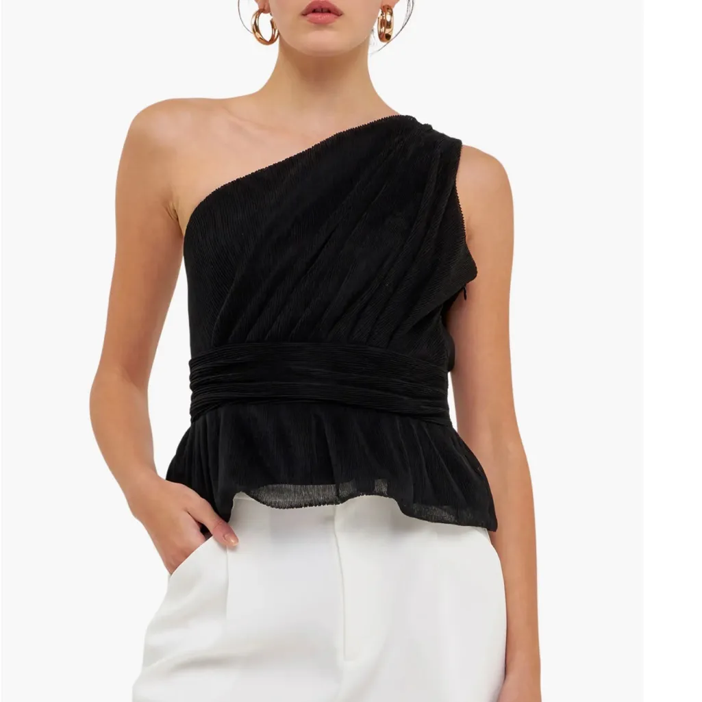 ENDLESS ROSE Anthropologie One Shoulder Shirred Tulle Top in Black - Image 2