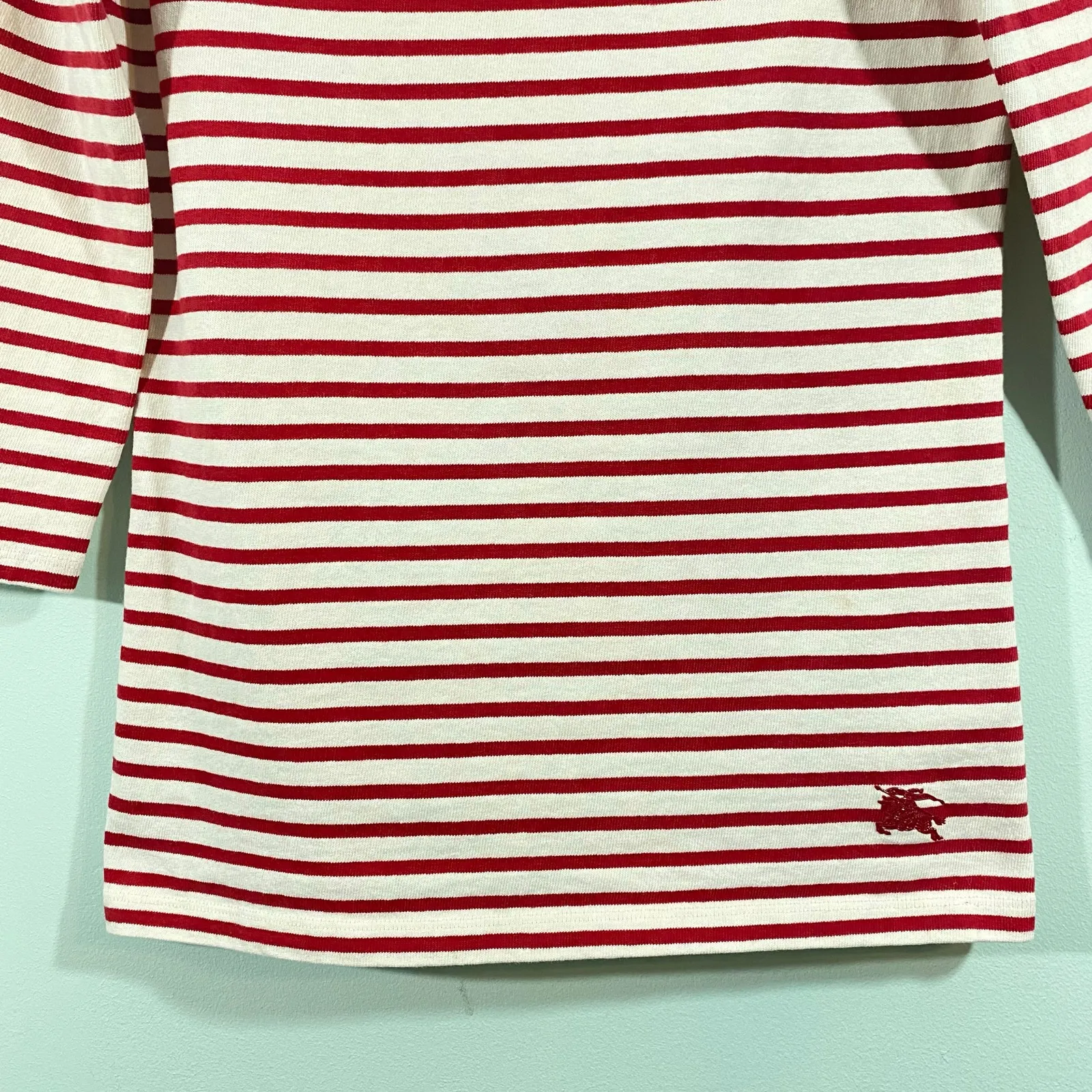 Burberry Brit Women Red & Cream Striped Boat Neck Quarter Sleeve Top Size S - Image 3
