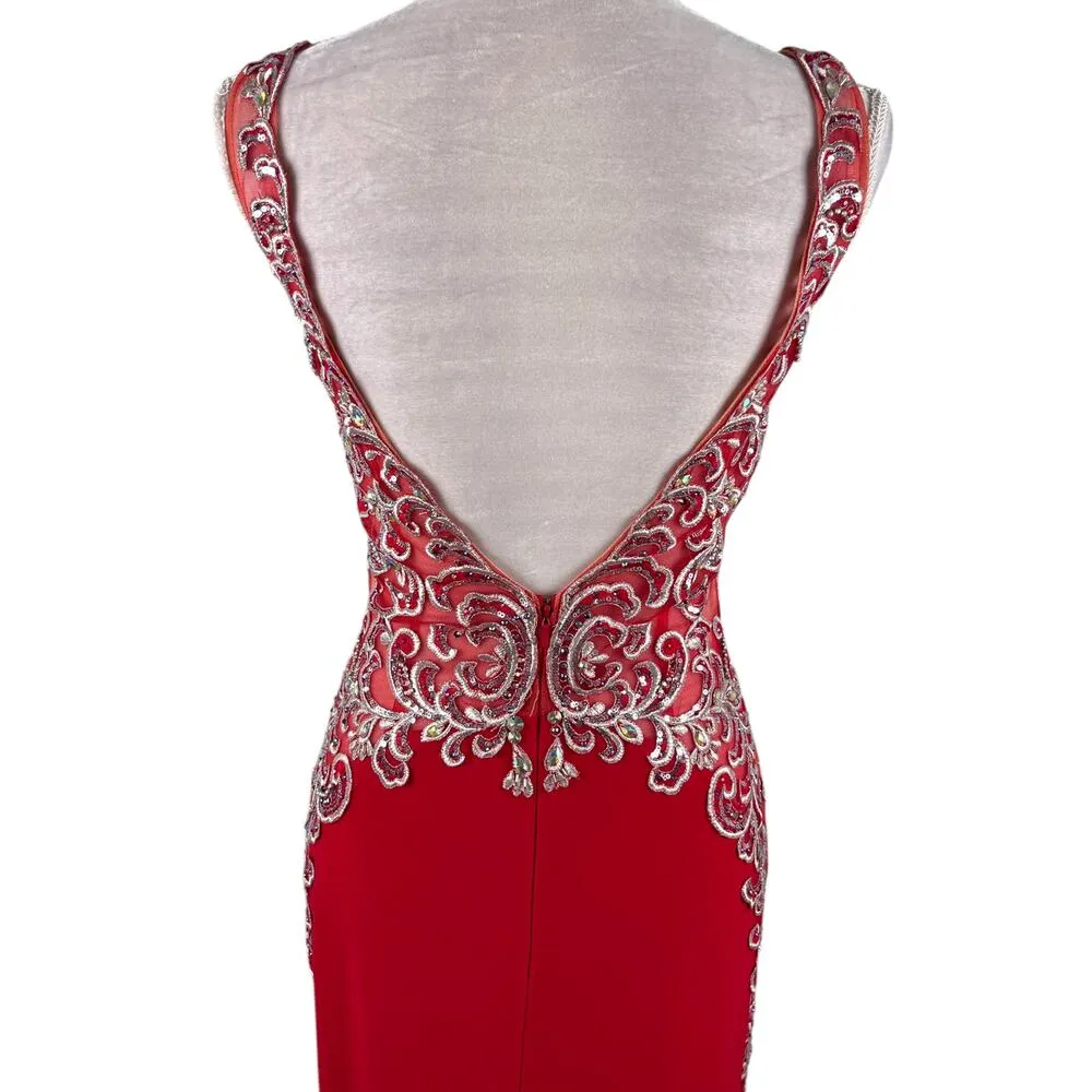 Jovani Prom Evening Gown Red 6 Beaded V-Neck  Back Zip Lined - Image 6