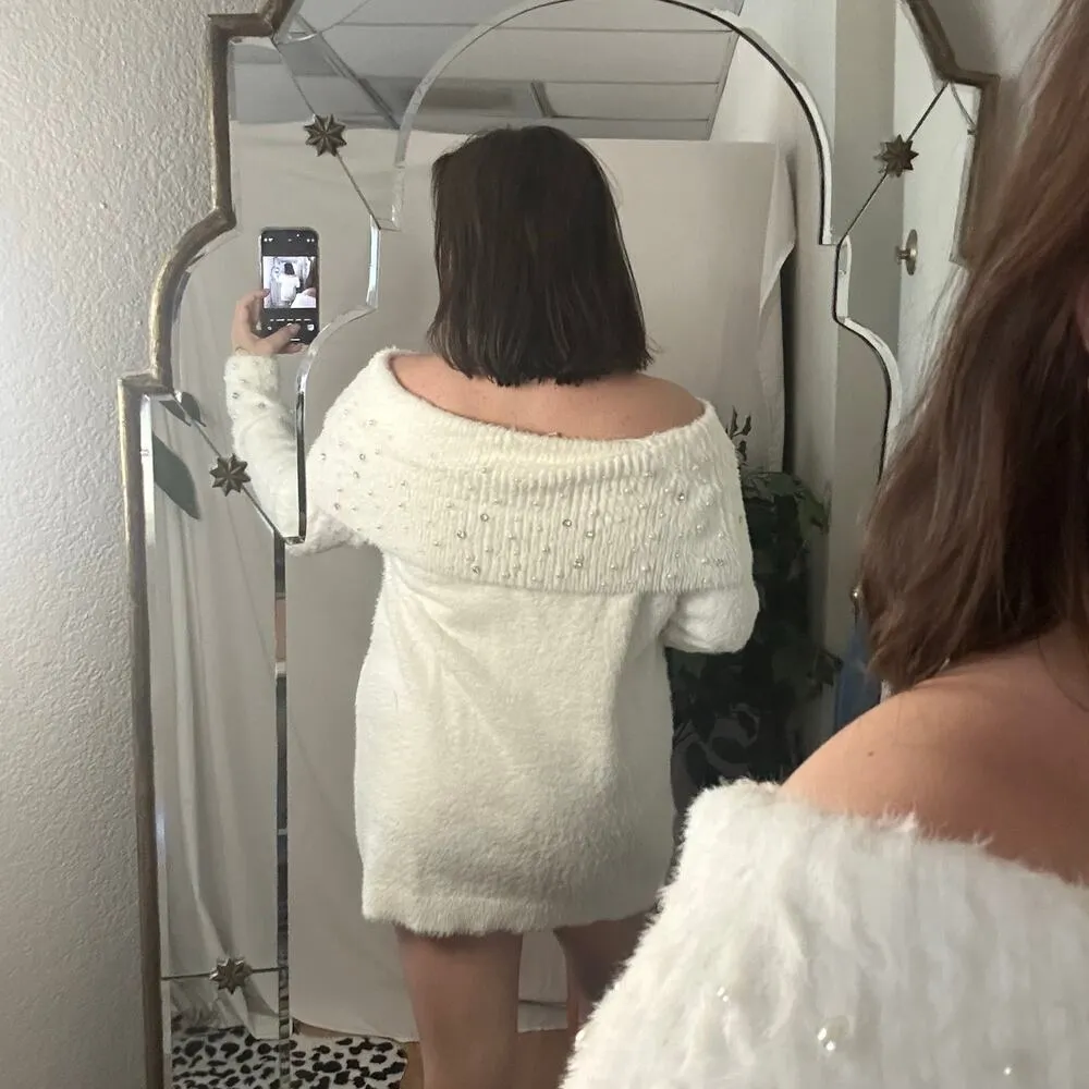Soft Surroundings Beaded Off The Shoulder Sweater Dress White Large - Image 4