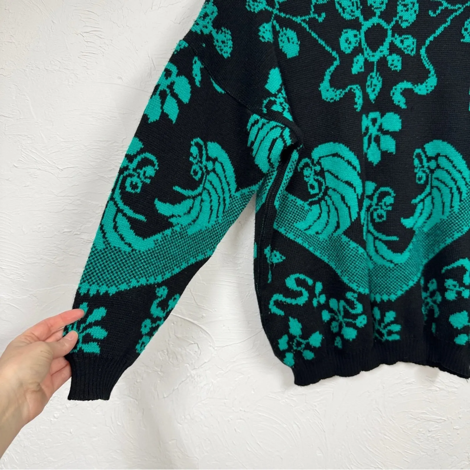 Vintage Green Black Paisley Mock Neck Sweater Womens M Grandma Core Chunky Size M - Image 4