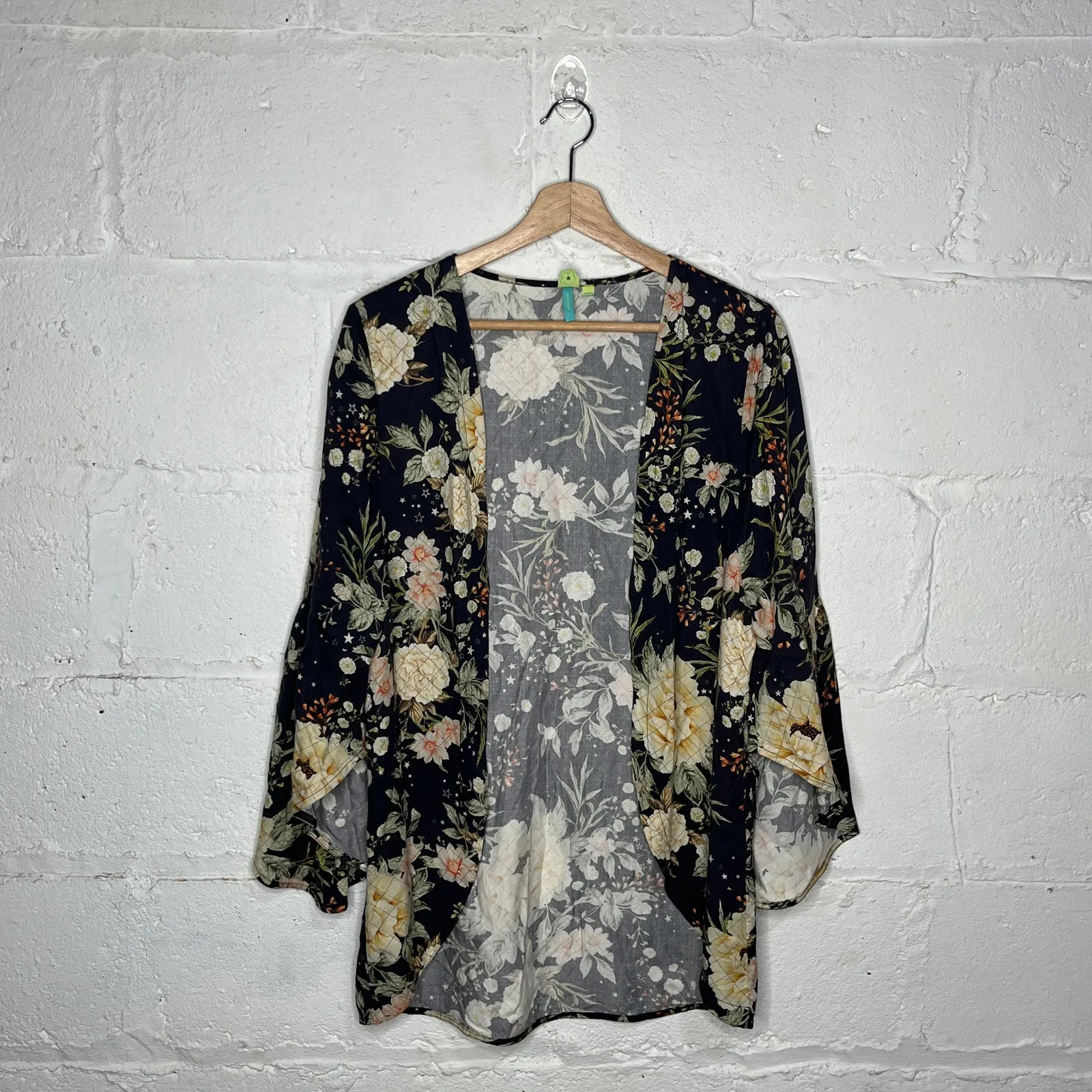 Farm Rio Floral Kimono Jacket Diamond Stitch Split Bell Sleeve Women Gray O/S - Image 2