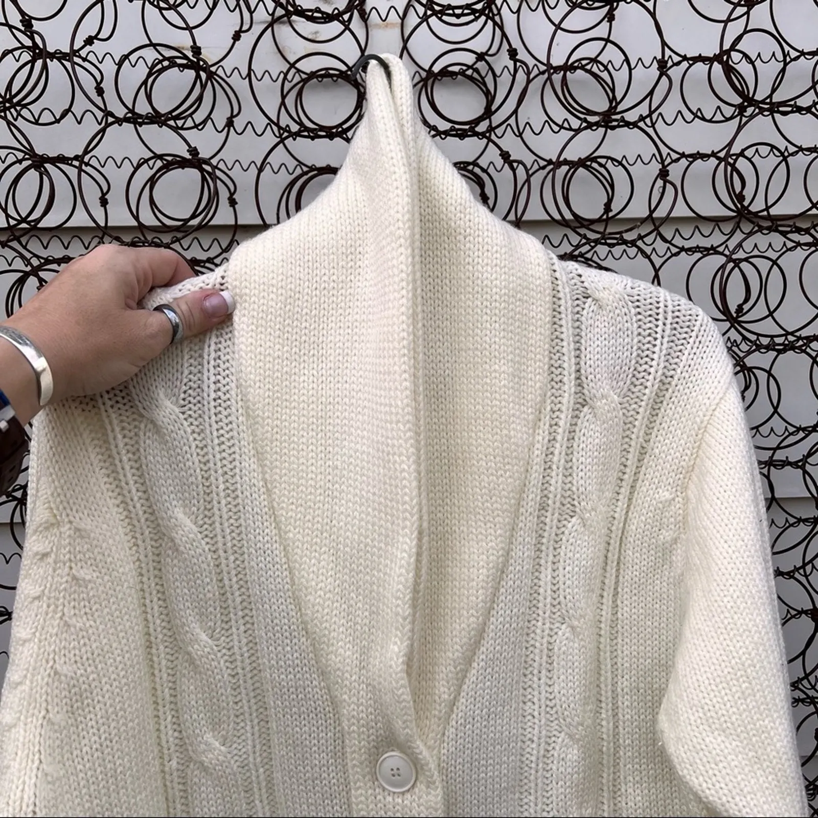 VTG 70s Sears The Fashion Place cream knit cowl collar cardigan sweater LARGE - Image 2