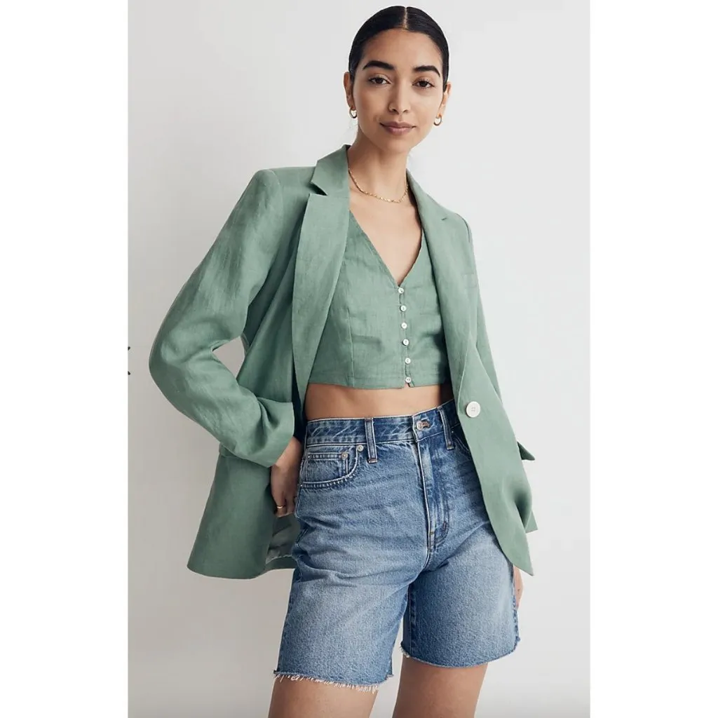 Madewell $158 The Larsen Blazer in Linen Trellis Green Size XXS NJ530 - Image 2