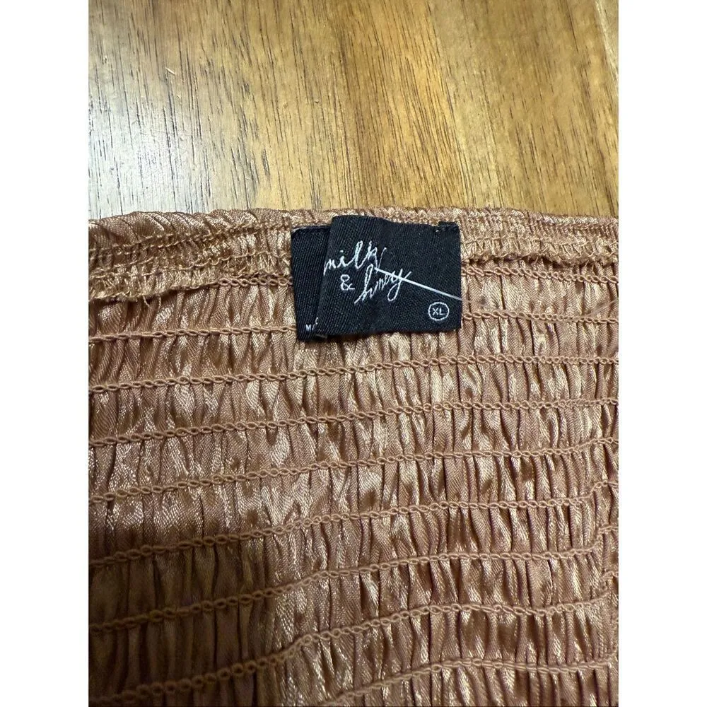 Milk & Honey Satin Corset Top Womens XL Long Sleeve Leopard Print Smocked Blouse Gold - Image 4