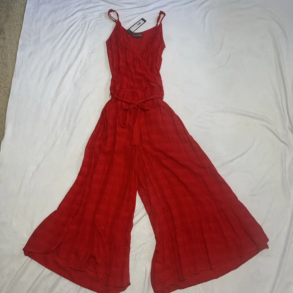 NWT Red Michael Stars Wide Leg Jumpsuit S Small Belted Wrap Front Cropped $228 - Image 2
