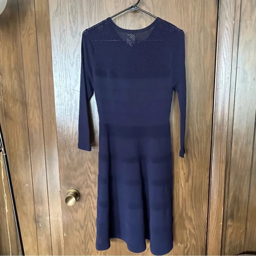 Vince Camuto Navy Blue Eyelet Pointelle Fit Flare Sweater Dress - Image 2