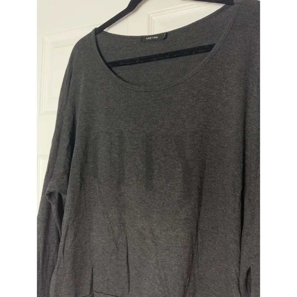 Obey Clothing Charcoal Gray Boat Neck Long Sleeve Slogan Tee Shirt Size M - Image 4