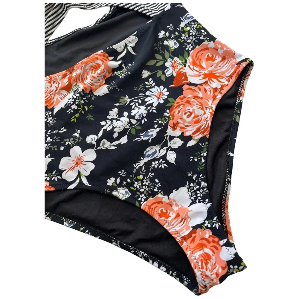 Cupshe Swimsuit Womens M Striped Floral One Piece Contrast Halter Cut Out Black - Image 5