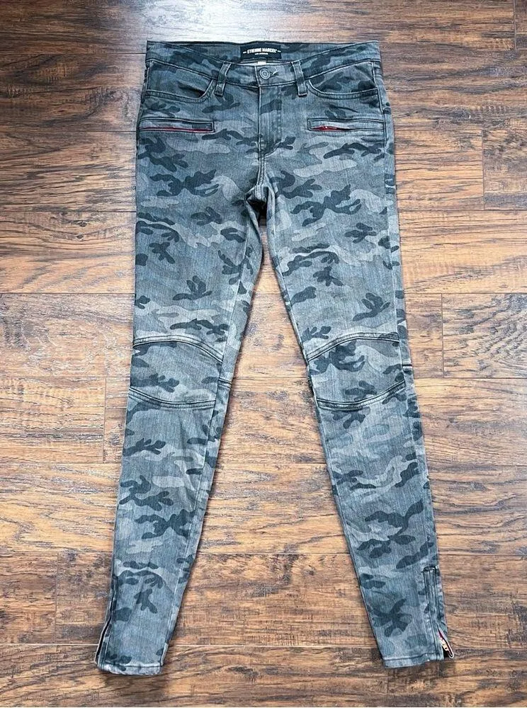 Etienne Marcel • Camo Moto Skinny Jeans red zipper pockets hem olive green Size 27 - Image 3
